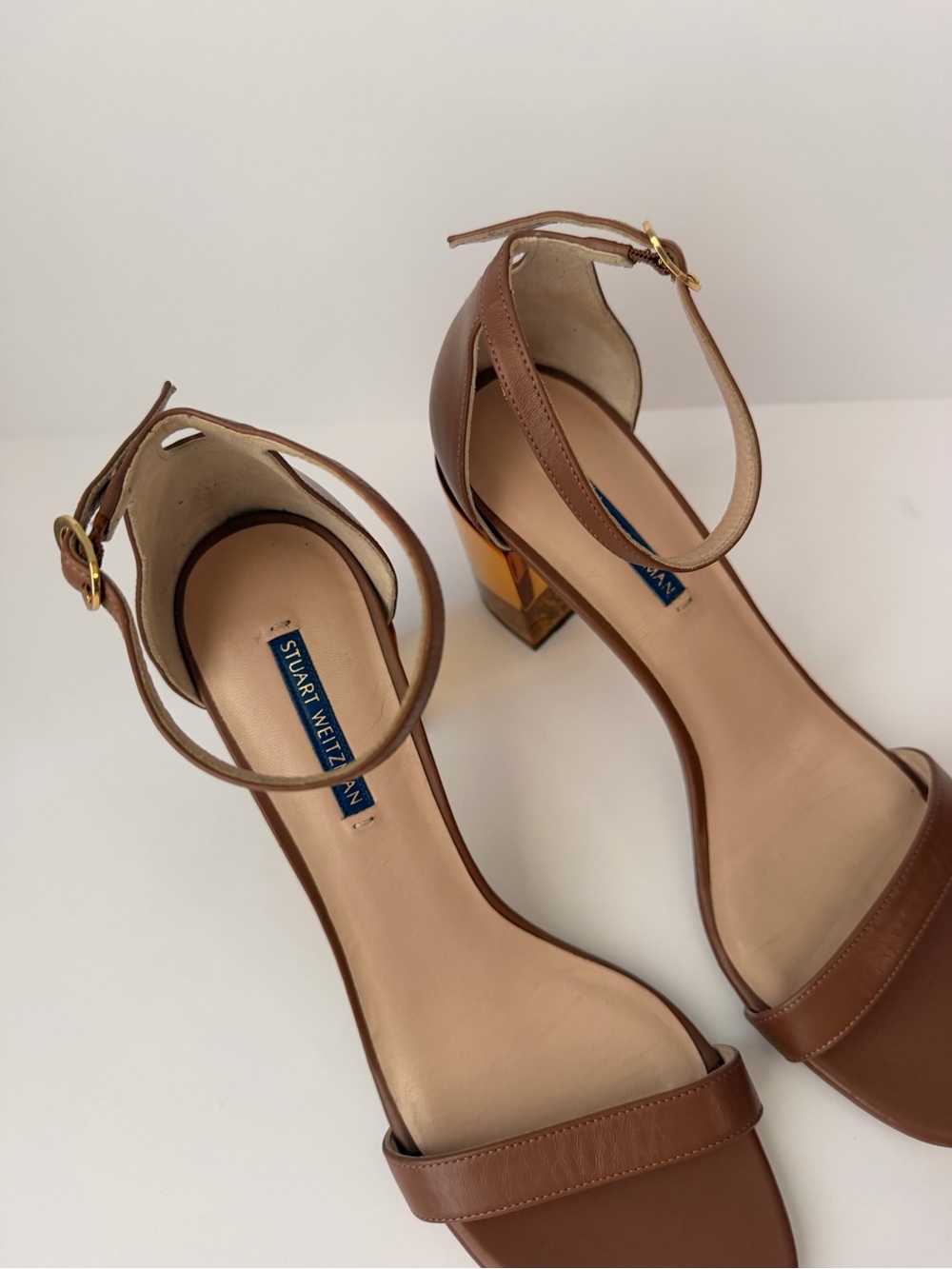 Stuart Weitzman Brown Leather Sandals with Amber Block Heel size 10 - Picture 3 of 7